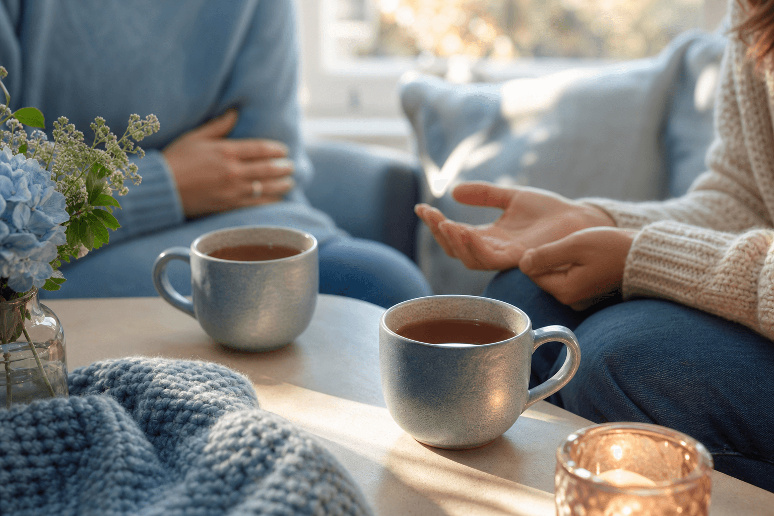 Two mugs on a sunlit table suggesting warm companionship